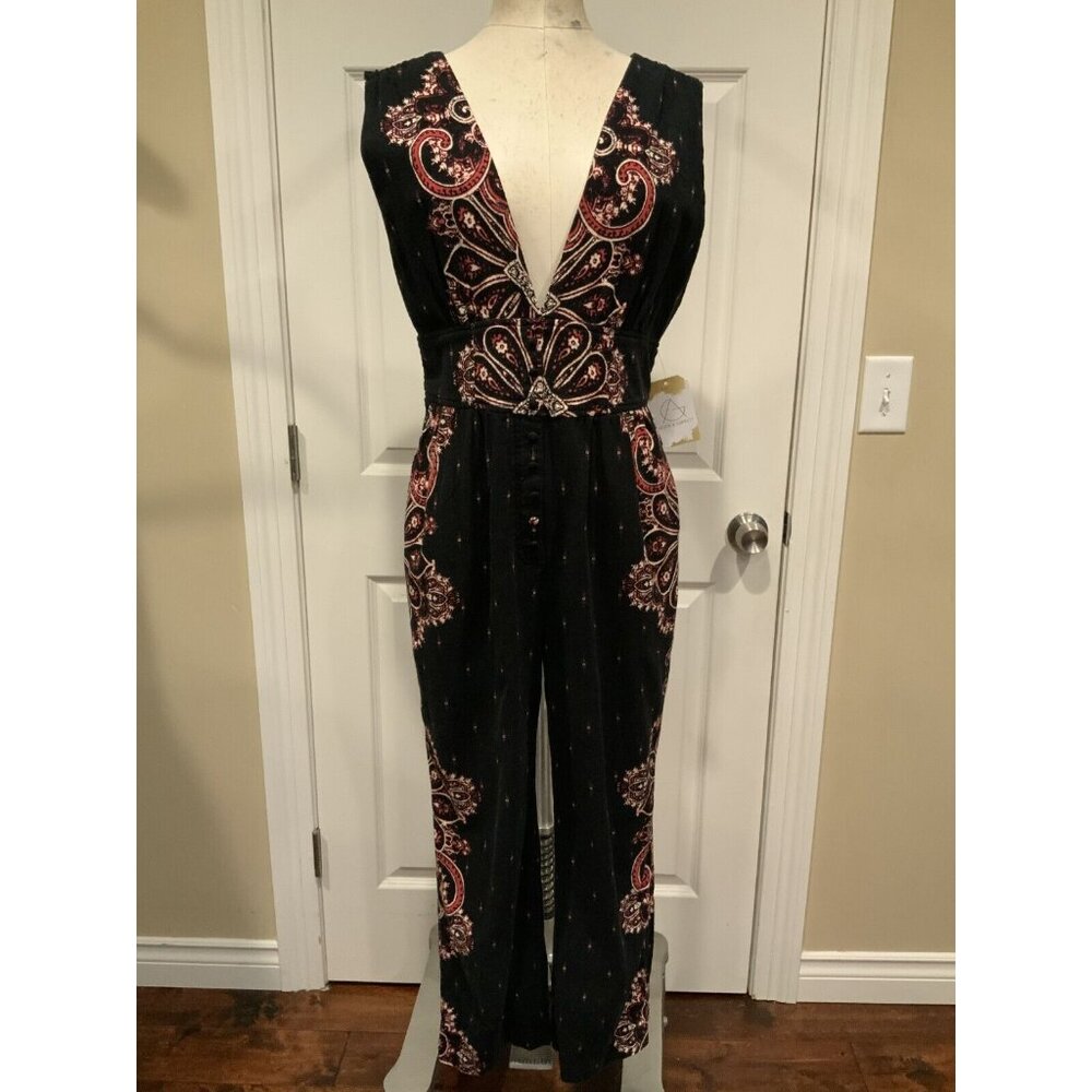 Free People Black, Red & White Paisley Print V-Neck Sleeveless Jumpsuit, Size S